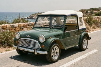 Mini Moke restaurée avec capote personnalisée et jantes alu sur une route côtière méditerranéenne, mise en valeur par des options de préparation premium