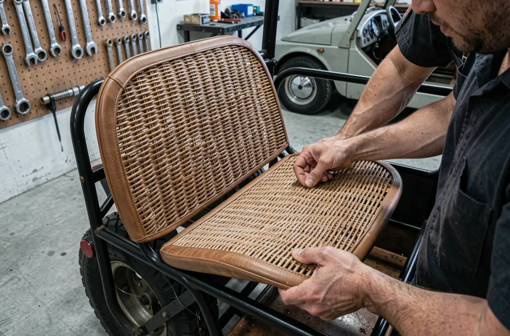 Détail de préparation intérieure d'une Mini Moke avec installation d'un siège en osier et cuir tan par un mécanicien spécialisé en atelier