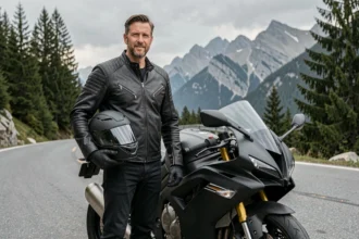 Motard en veste cuir noire posant à côté d'une moto sportive puissante sur une route de montagne sinueuse