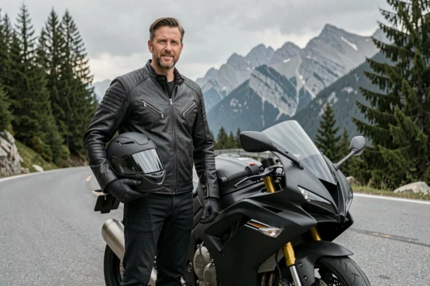 Motard en veste cuir noire posant à côté d'une moto sportive puissante sur une route de montagne sinueuse