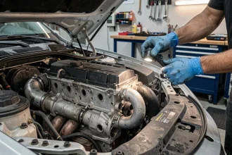 Mécanicien inspectant un moteur BMW B47 diesel dans un garage urbain professionnel