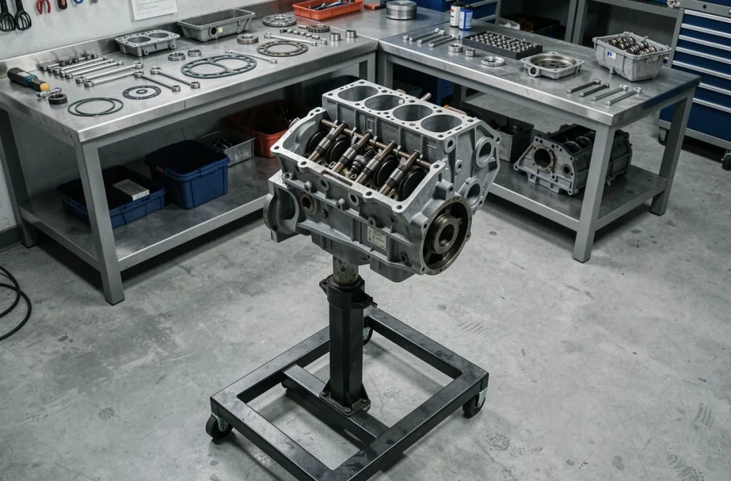 Moteur BMW M47 démonté sur un support de révision montrant le bloc cylindres et les pistons en atelier professionnel