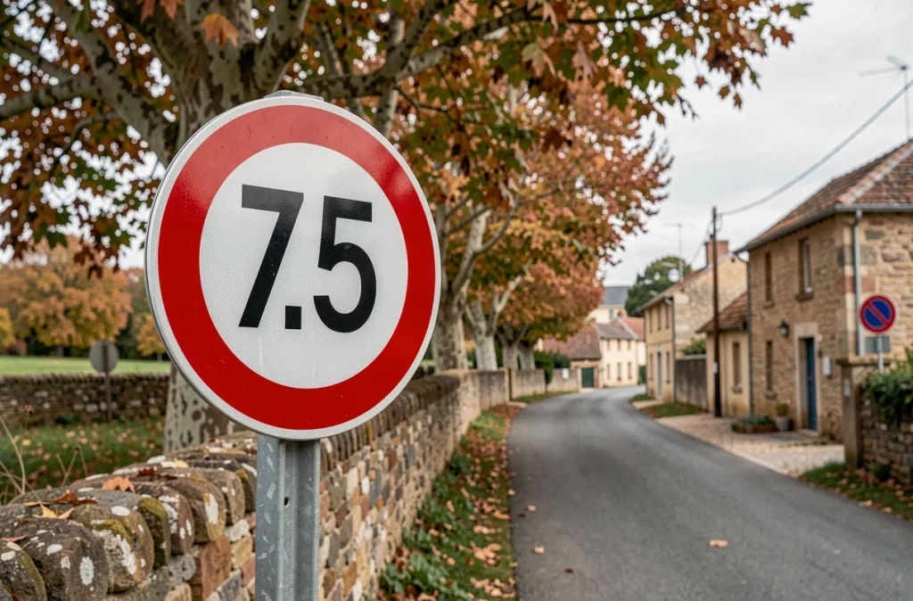 Panneau d'interdiction de circulation pour véhicules de plus de 7,5 tonnes à l'entrée d'un village rural en France