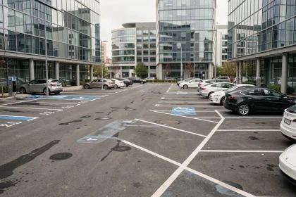Vue aérienne d'un parking d'entreprise avec places de stationnement de différentes dimensions et borne de recharge électrique