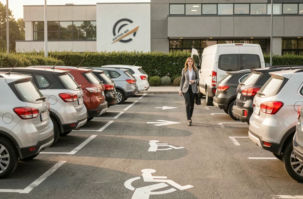 Employée traversant un parking d'entreprise animé avec différents types de véhicules garés dans des places aux dimensions variées