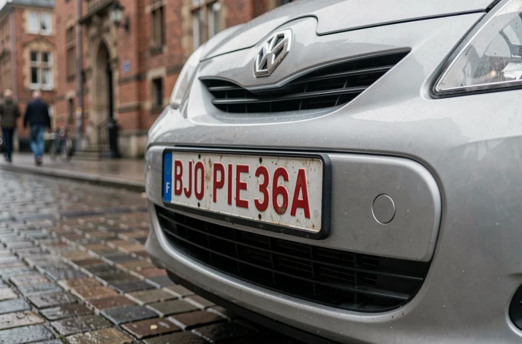 Plaque d'immatriculation temporaire belge apposée sur une voiture garée dans une rue pavée de Bruxelles