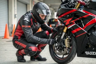 Pilote de moto inspectant les freins d'une Suzuki GSX-R 750 dans les stands d'un circuit de course avant une session piste