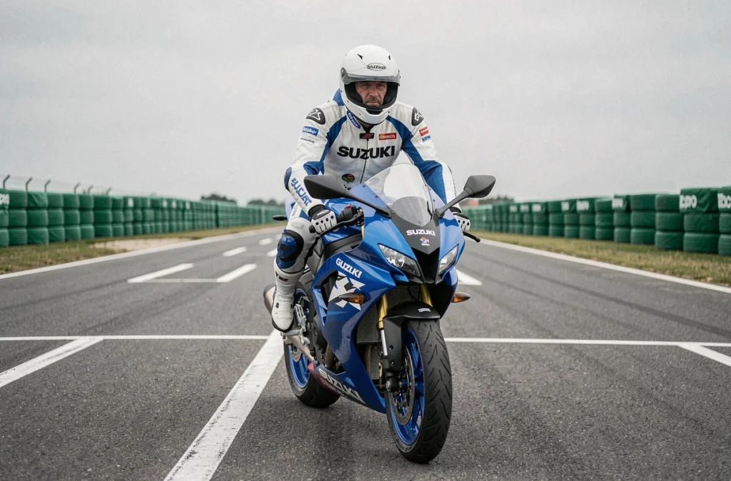 Pilote sur une Suzuki GSX-R 750 prêt à s'élancer sur la ligne droite d'un circuit de moto lors d'une session de roulage piste