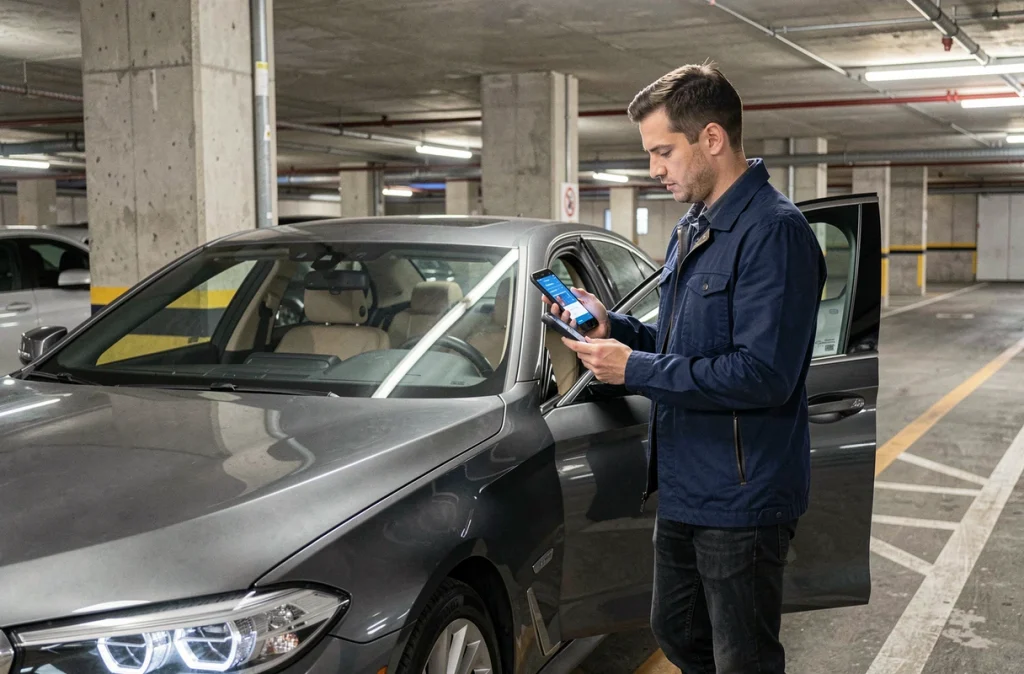 Propriétaire de BMW vérifiant la consommation du moteur B47 dans un parking urbain souterrain