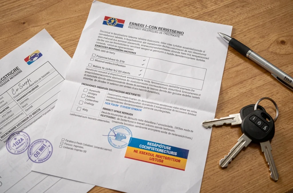Rapport de contrôle technique français posé sur un bureau avec carte grise et clés de voiture