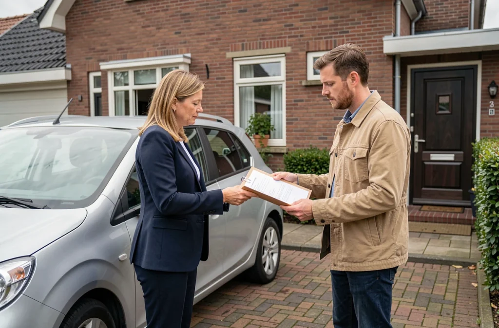 Femme remettant les documents de vente d'une voiture d'occasion à un acheteur devant une maison belge, dossier de cession de véhicule en main