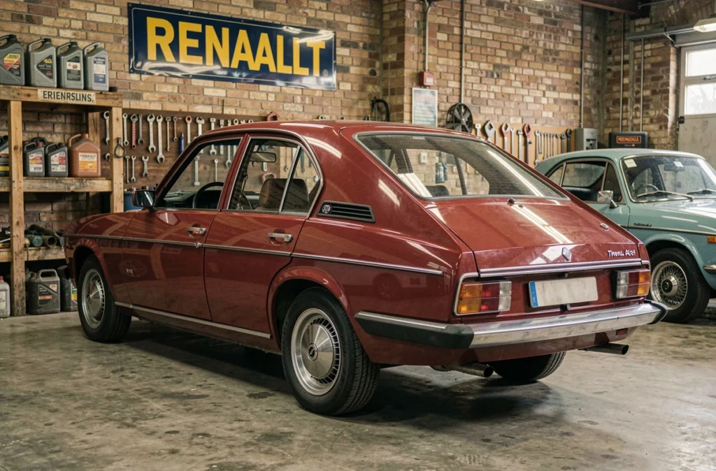Renault 10 bordeaux restaurée dans un garage vintage, vue arrière trois quarts mettant en valeur sa ligne fastback distinctive