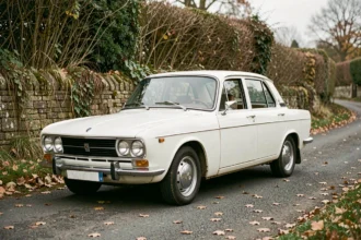 Renault 8 blanche de 1965 en configuration rare garée sur une route de campagne française, exemplaire collector en excellent état