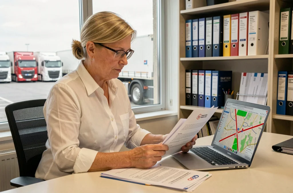 Responsable logistique en entreprise de transport consulte les réglementations d'interdiction de circulation pour poids lourds sur documents et ordinateur