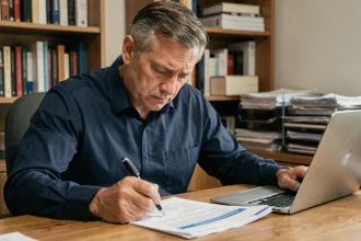Homme signant un document d'assurance auto lors d'une mutation administrative à son bureau à domicile