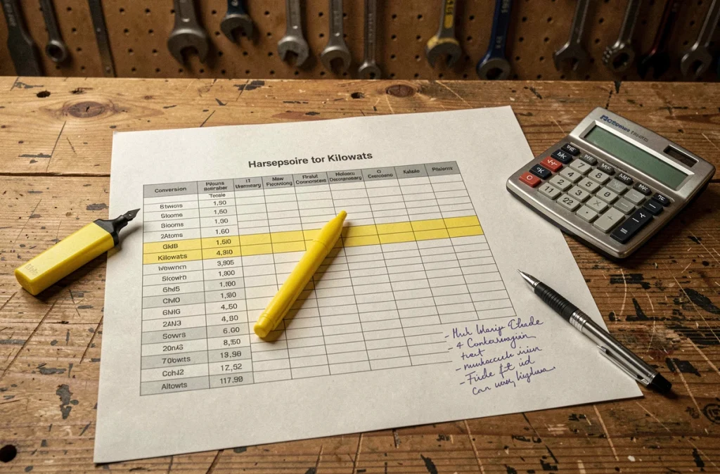 Tableau imprimé de conversion CV en kW posé sur un établi en bois avec calculatrice et stylo