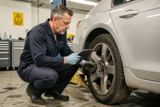 Technicien automobile effectuant une inspection visuelle des freins lors d'un contrôle technique en garage