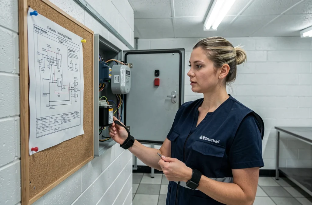 Technicienne consultant un schéma électrique pour le raccordement d'un condensateur sur moteur dans un local technique