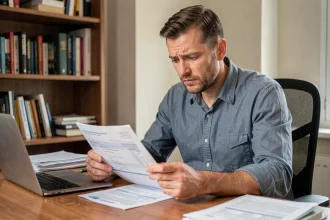 Homme examinant un certificat d'immatriculation à son bureau, illustrant les démarches de transfert de carte grise après achat de véhicule