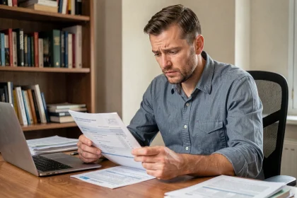 Homme examinant un certificat d'immatriculation à son bureau, illustrant les démarches de transfert de carte grise après achat de véhicule