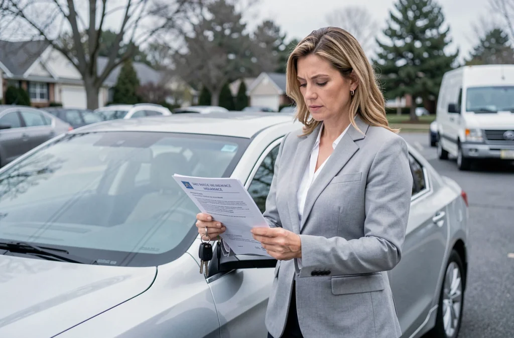 Femme vérifiant son attestation d'assurance auto avant un déménagement lié à une mutation professionnelle
