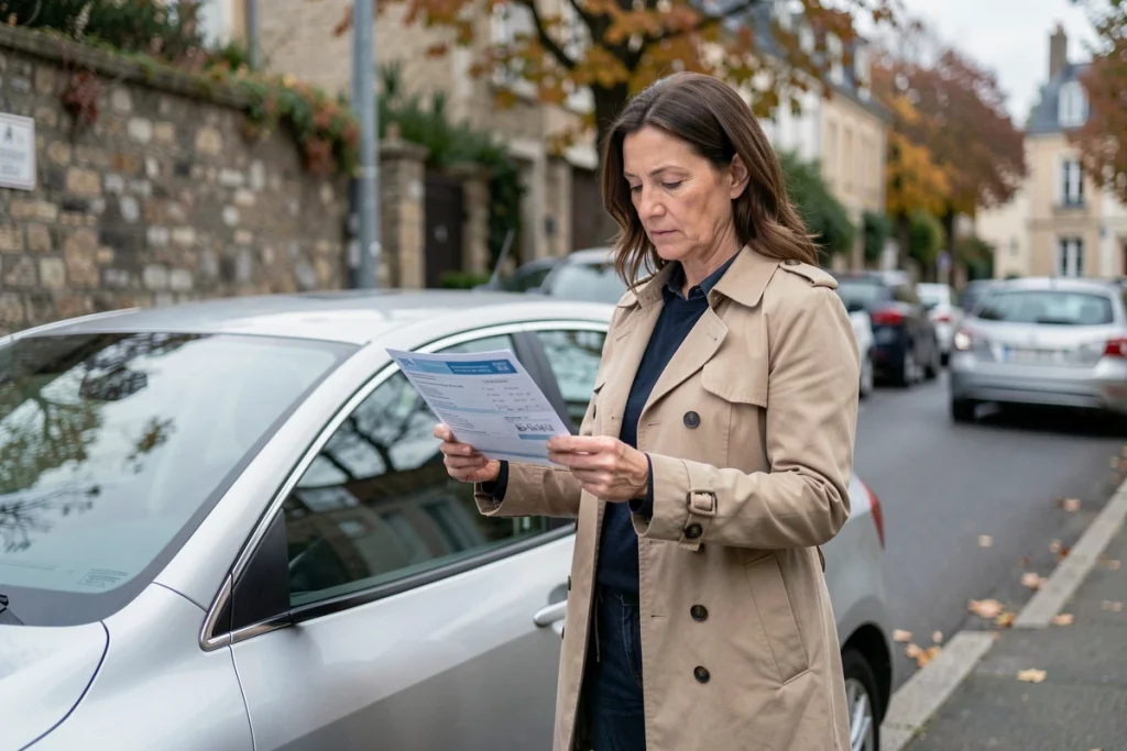 Femme tenant une carte grise devant sa voiture dans une rue résidentielle française