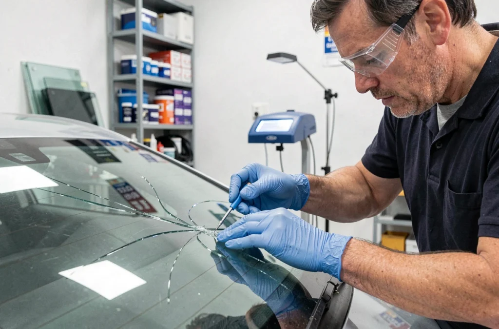 Technicien réparant un pare-brise chez A+Glass à Saint-Nazaire
