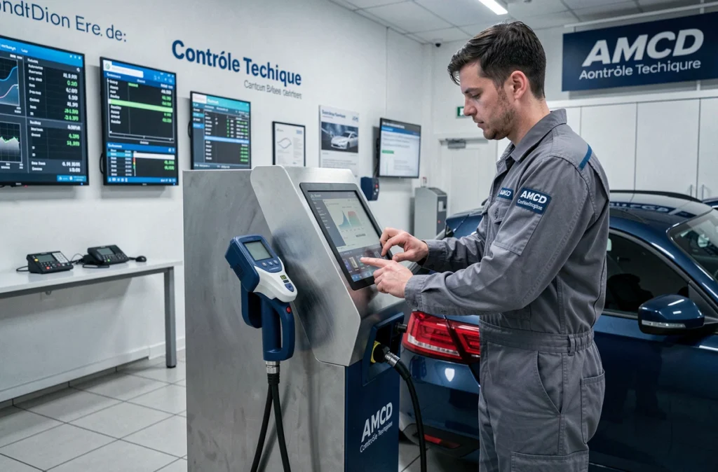 Technicien AMCD Contrôle Technique utilisant une machine de diagnostic des émissions sur un véhicule