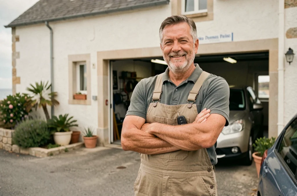 Propriétaire du garage AT Garage devant son établissement à Pornic