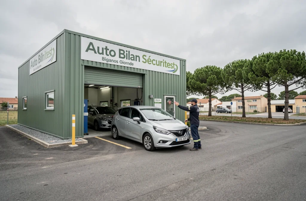 Entrée d'un véhicule dans le centre Auto Bilan Sécuritest Biganos guidé par un technicien