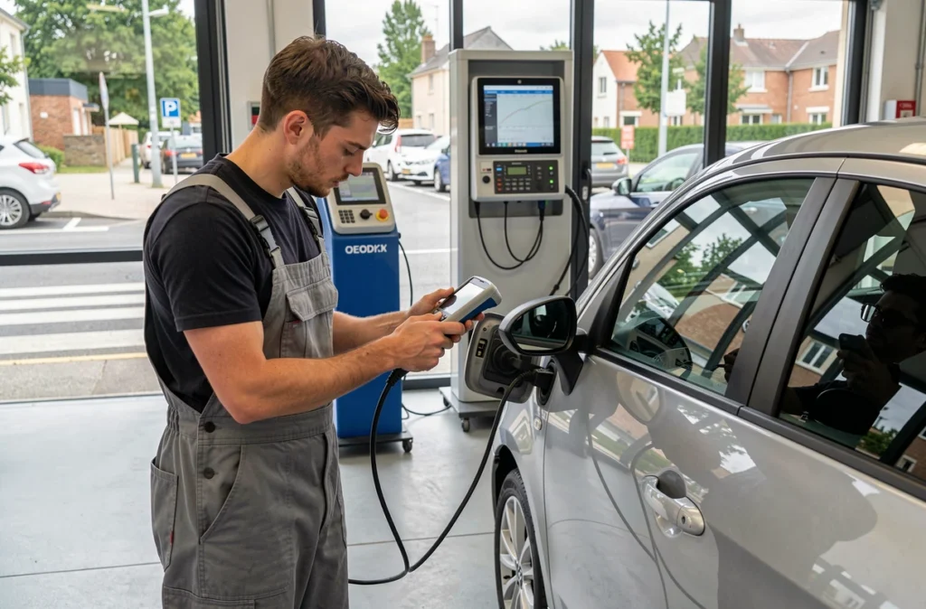 Mécanicien utilisant un scanner de diagnostic chez Auto TG à Rezé
