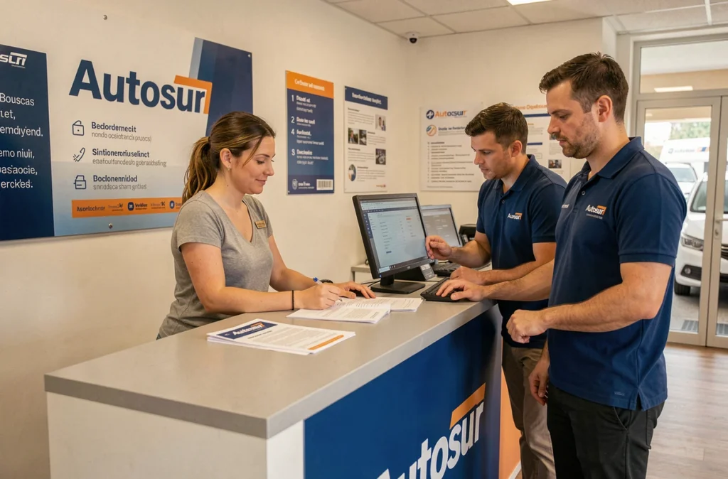 Cliente complétant des documents à la réception du centre Autosur Le Bouscat