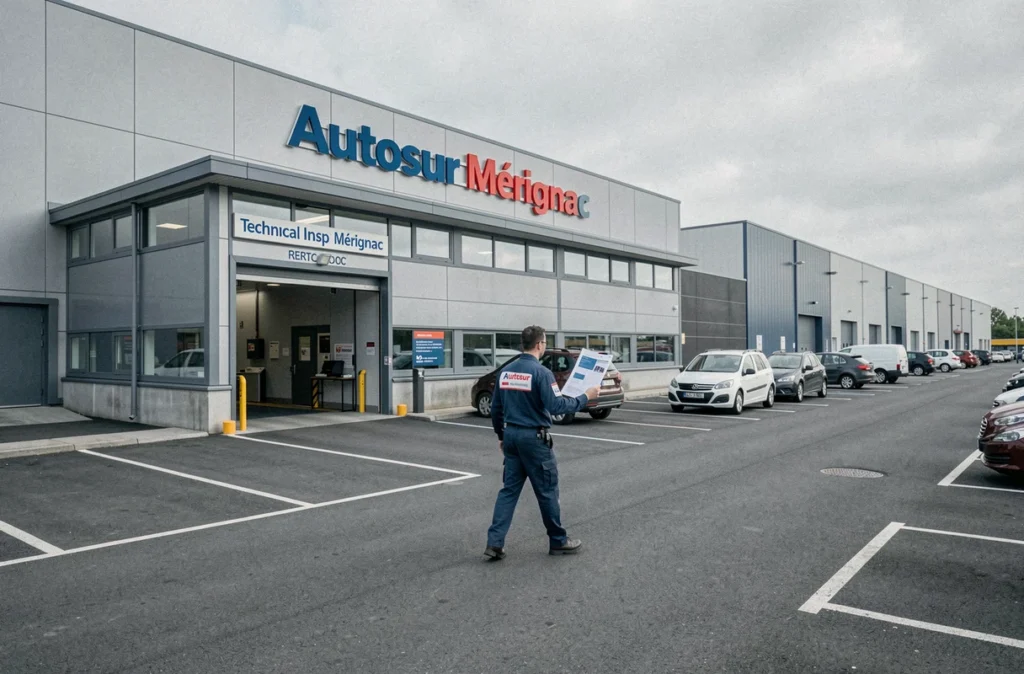Extérieur du centre Autosur Mérignac avec technicien tenant un rapport de diagnostic