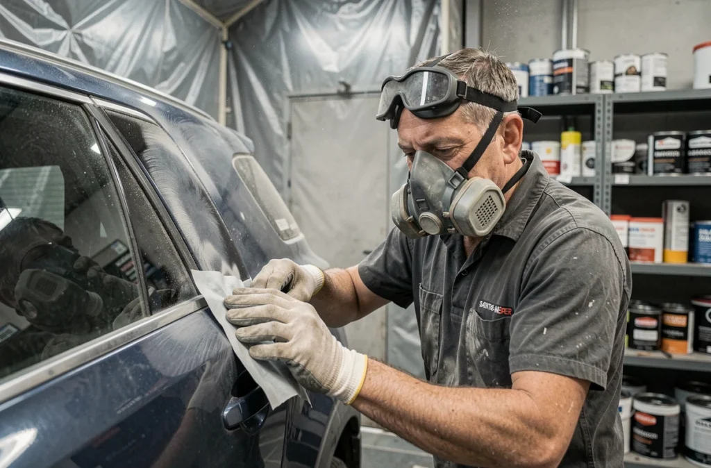 Carrossier ponçant un panneau de carrosserie chez Diffus Auto à Saint-Herblain