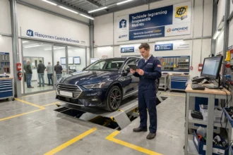 Centre de contrôle technique automobile en Gironde avec technicien et véhicule sur pont élévateur
