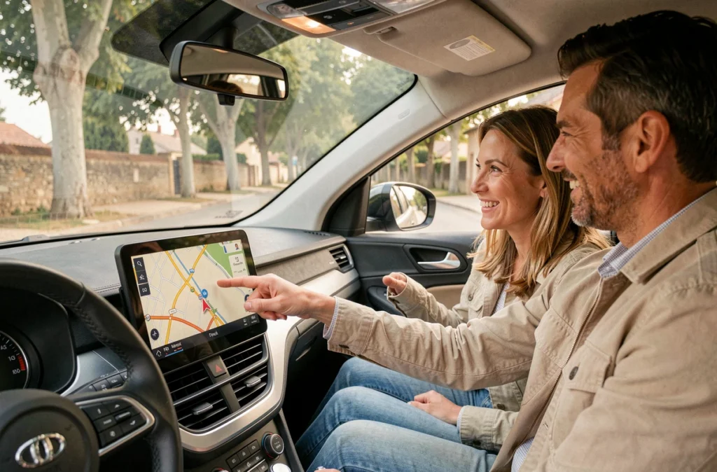 Couple utilisant le GPS pour choisir un itinéraire sans péage sur une route de campagne française