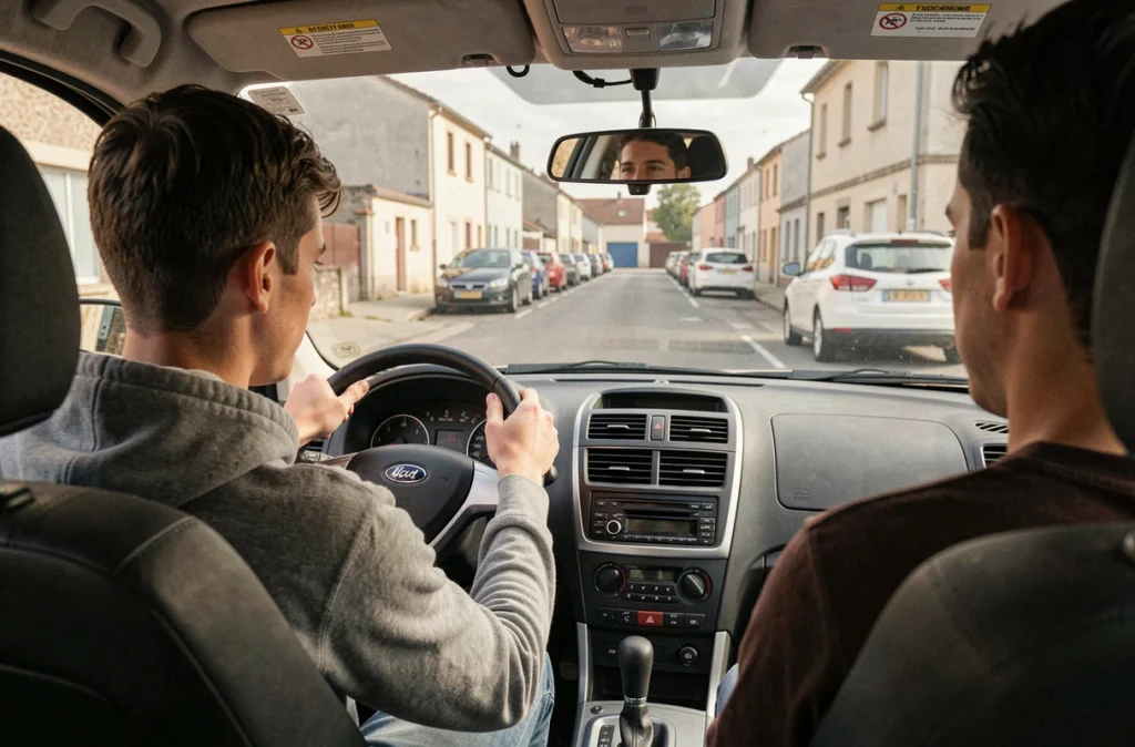 Jeune conducteur en formation à l'auto-école Mougel Rezag à Éloyes naviguant dans les rues de la ville avec son moniteur