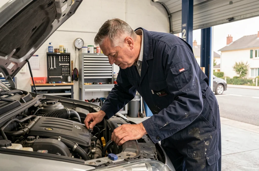 Mécanicien inspectant un moteur au Garage Dutertre à Sainte-Luce-sur-Loire