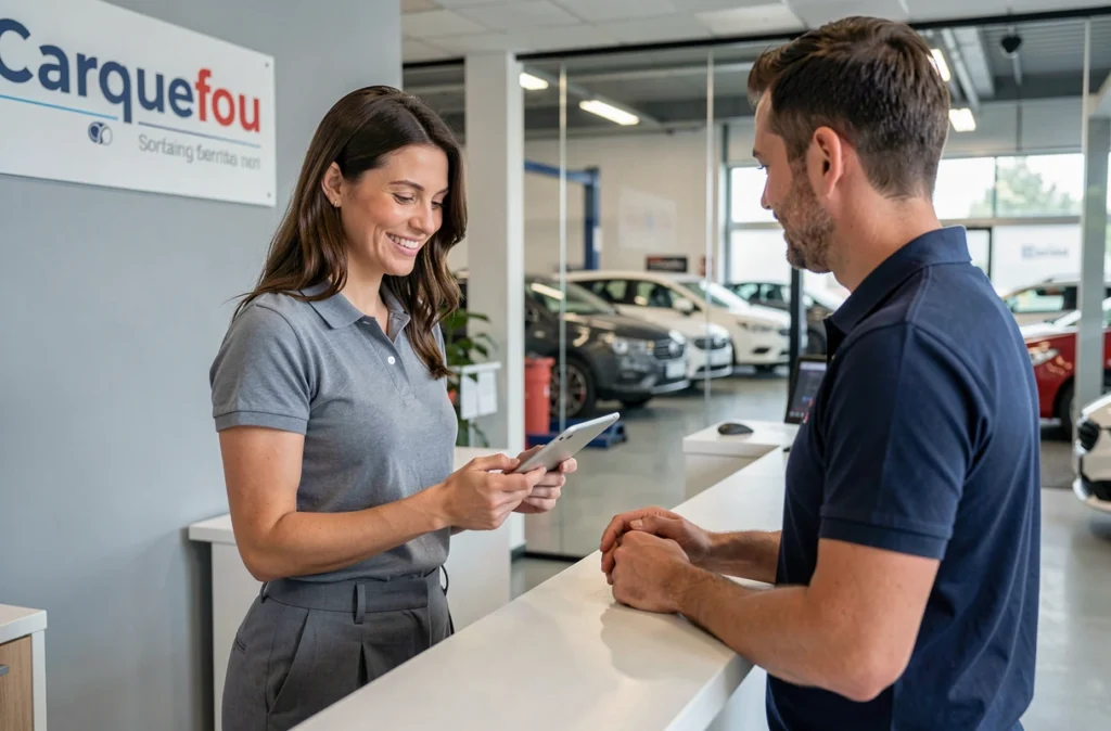 Conseillère et client au comptoir du Garage Thibault à Carquefou