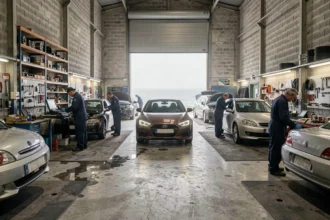 Vue panoramique d'un garage automobile en Loire-Atlantique avec mécaniciens au travail