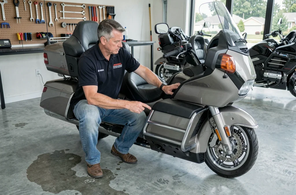 Homme inspectant le siège passager ergonomique d'une moto grand tourisme dans un garage, détails confort et accoudoirs