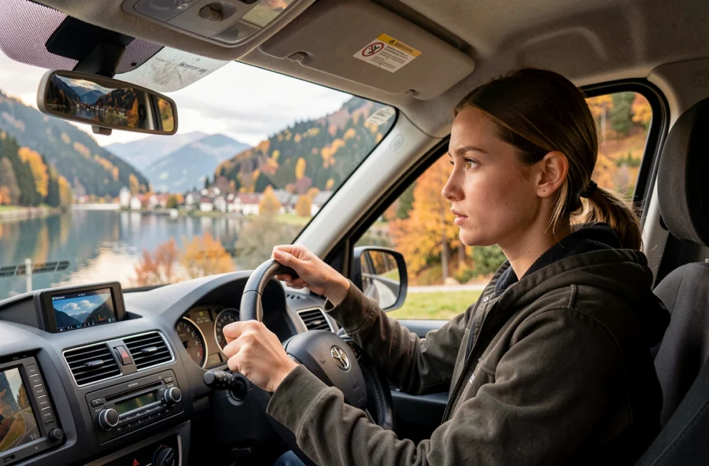 Élève de l'auto-école LAC à Gérardmer concentrée au volant avec le lac et la forêt vosgienne en arrière-plan