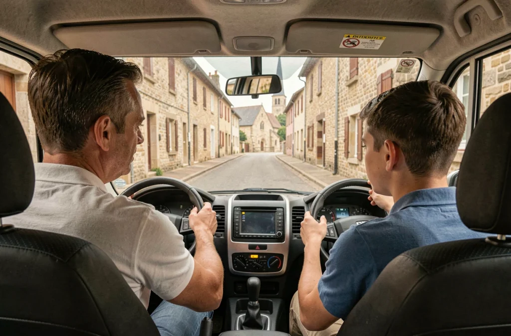 Moniteur d'auto-école NEO à Neufchâteau expliquant les consignes de conduite à un jeune élève dans un véhicule double commande
