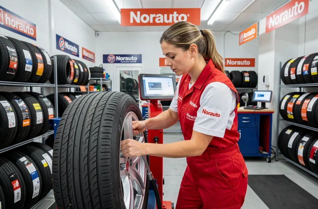 Technicienne montant un pneu chez Norauto à La Chapelle-sur-Erdre