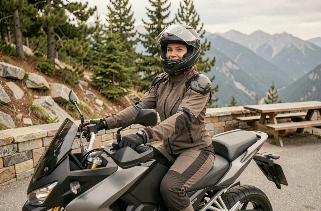 Femme passagère sur une moto adventure touring en pause montagne, équipement de sécurité complet, sourire détendu