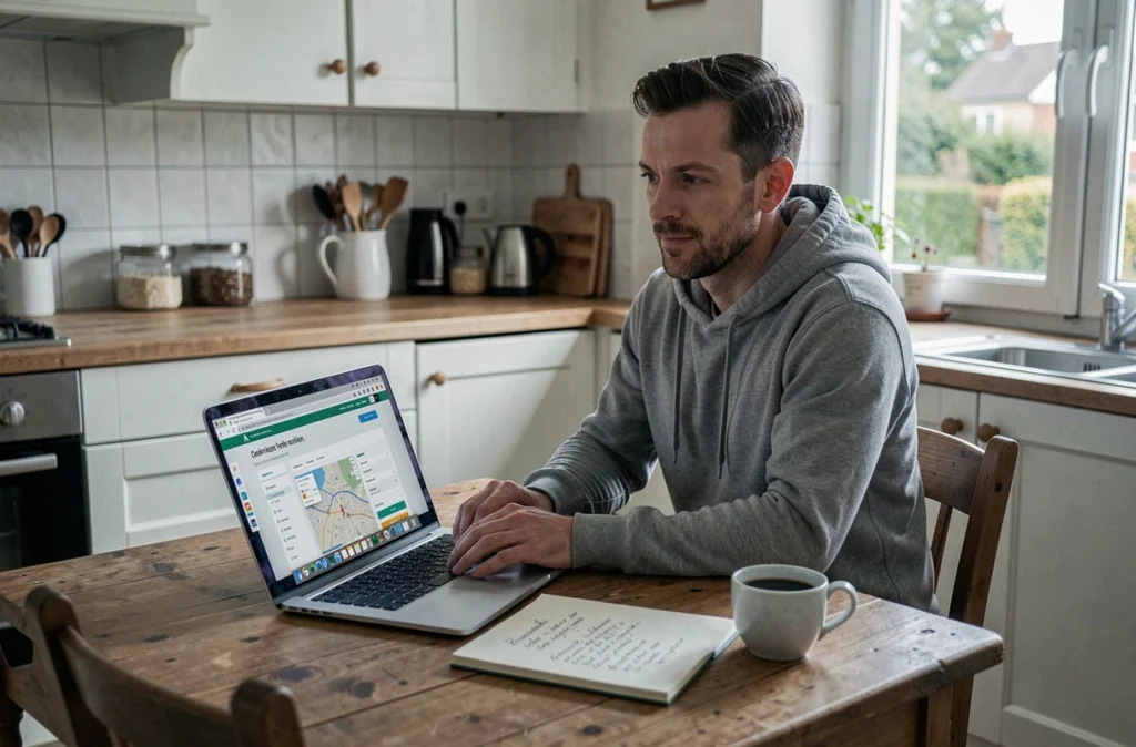 Homme planifiant un trajet autoroutier gratuit sur ordinateur avec une carte et des notes manuscrites