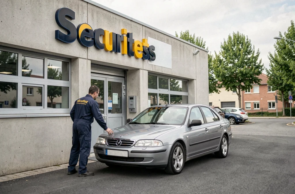 Façade du centre Sécuritest Cestas avec technicien et véhicule garé devant l'entrée