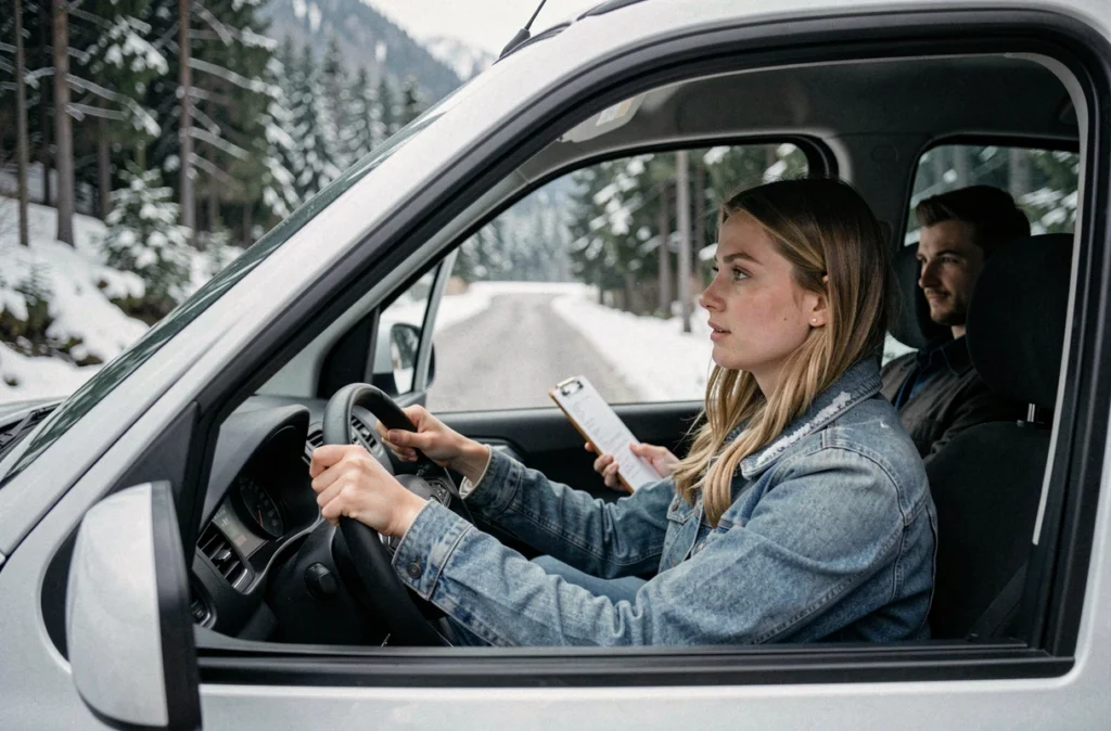 Élève conduisant sur une route de montagne près de La Bresse sous les sapins enneigés dans le cadre de la formation VFR auto-école