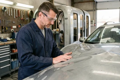 Carrossier professionnel inspectant une carrosserie endommagée dans un atelier de carrosserie en Loire-Atlantique