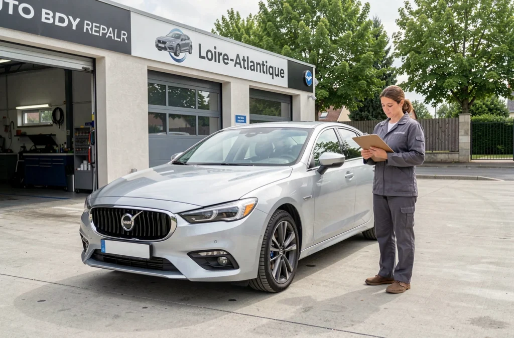 Carrossière vérifiant les réparations d'un véhicule devant un garage de carrosserie en Loire-Atlantique